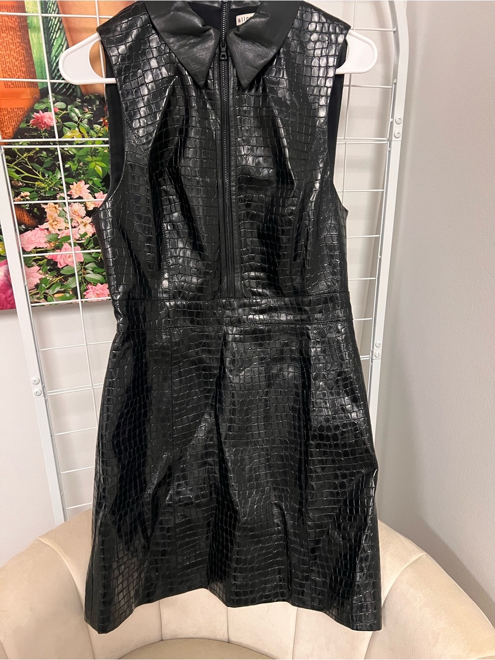 Alice + Olivia Black Faux Croc Sleeveless A-Line Dress